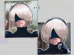  ... 1girl 2b_(nier:automata) black_gloves black_hairband building commentary frown gloves grey_hair hairband highres jiggidyjakes mole mole_under_mouth nier:automata nier_(series) thinking 