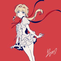  1girl blonde_hair blue_eyes bow bowtie cowboy_shot dress flat_color floating_hair highres kiperina layered_dress long_hair looking_at_viewer low_ponytail mossi_(mossi0816) ponytail puffy_short_sleeves puffy_sleeves red_background red_bow red_bowtie reverse:1999 short_dress short_sleeves solo white_dress 