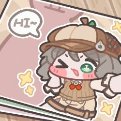  >_o 1girl blush_stickers brown_sweater_vest chibi chibi_only commentary_request deerstalker english_text green_eyes grey_hair hand_on_own_cheek hand_on_own_face hat heidi_(trickcal) korean_commentary looking_at_viewer monyami one_eye_closed open_mouth photo_(object) selfie shorts solo sparkle speech_bubble sweater_vest trickcal white_shorts wooden_floor 
