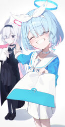  2girls absurdres arona_(blue_archive) black_choker black_eyes black_hairband black_shoes blue_archive blue_hair blue_halo blue_shirt bow_hairband braid choker closed_eyes closed_mouth colored_inner_hair commentary_request envelope gacha_(game_mechanic) grin hair_over_one_eye hairband halo highres long_hair long_sleeves looking_at_viewer matutake_777 multicolored_hair multiple_girls pink_hair plana_(blue_archive) red_halo sailor_collar shirt shoes short_hair single_braid skirt smile very_long_hair white_background white_choker white_hair white_hairband white_skirt 