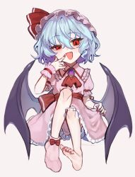  1girl aorin_oekaki ascot back_bow bat_wings blue_hair bow brooch commentary_request fang frilled_shirt_collar frilled_skirt frills hat hat_ribbon highres jewelry looking_at_viewer mob_cap nail_polish open_mouth pink_hat pink_shirt pink_skirt pink_socks puffy_short_sleeves puffy_sleeves red_ascot red_bow red_eyes red_nails remilia_scarlet ribbon shirt short_sleeves single_sock single_wrist_cuff skirt smile socks solo toenail_polish toenails touhou wings wrist_cuffs 