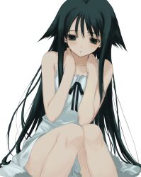  1girl black_ribbon collarbone dress flat_chest green_eyes green_hair hair_flaps hands_on_own_neck highres long_hair looking_down numata_eki parted_lips pensive ribbon saya_(saya_no_uta) saya_no_uta simple_background sitting sleeveless sleeveless_dress solo straight_hair sundress very_long_hair white_background white_dress 