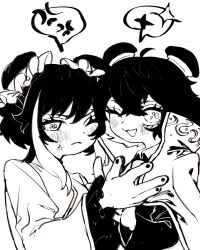  2girls :< :3 anger_vein blush commentary_request frilled_sleeves frills greyscale highres jacket jia_xichun_(project_moon) library_of_ruina limbus_company look-alike mei_(project_moon) mochigome_138 monochrome multiple_girls nail_polish one_eye_closed open_mouth project_moon short_hair simple_background smile sweat 