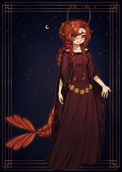  1girl absurdres antennae belt braid brown_eyes commentary cookd_shrimp dress english_commentary freckles full_body highres long_dress long_hair long_sleeves looking_at_viewer medieval off-shoulder_dress off_shoulder orange_hair original shrimp_girl shrimp_tail smile solo star_(sky) starry_sky_background twin_braids wide_sleeves 