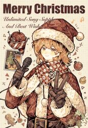  1girl 30000000000 absurdres alternate_costume apple apple_(reverse:1999) beamed_eighth_notes black_gloves brown_hair capelet chinese_commentary christmas_ornaments commentary_request eighth_note food fruit fur-trimmed_capelet fur_trim gingerbread_man glasses gloves hat highres holding holding_microphone holly jacket merry_christmas microphone musical_note orange_eyes red_capelet red_hat red_jacket regulus_(reverse:1999) reverse:1999 round_eyewear santa_hat scarf short_hair smile solo star_(symbol) striped_clothes striped_scarf upper_body v yellow_background 