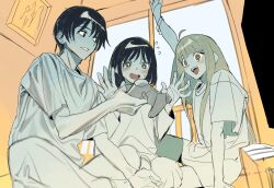  +_+ 1boy arm_up black_hair blonde_hair blush brother_and_sister bub_bub20 cho_kaguya-hime! commentary_request controller flying_sweatdrops game_controller green_eyes highres holding holding_controller holding_game_controller kaguya_(cho_kaguya-hime!) korean_commentary limited_palette long_sleeves mikado_akira_(cho_kaguya-hime!) mole mole_under_eye muted_color open_mouth red_eyes sakayori_iroha short_sleeves siblings sitting sketch 