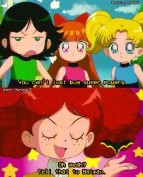  1990s_(style) 4girls bare_arms batman_symbol black_hair blossom_(ppg) blue_dress blue_eyes blunt_bangs bow brenni_murasaki brown_hair bubbles_(ppg) buttercup_(ppg) child clouds collared_shirt dot_nose double_bun dress english_text freckles green_dress green_eyes hair_bow hair_bun hands_on_own_hips highres long_hair looking_at_viewer multiple_girls open_mouth orange_hair pink_dress pink_eyes powerpuff_girls princess_morbucks red_bow retro_artstyle shirt short_hair short_twintails sleeveless sleeveless_dress tree twintails twitter_username watermark yellow_shirt 