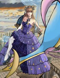  1girl absurdres black_bow black_bowtie black_choker blue_flower blue_shoes blue_sky bow bow_choker bowtie brooch brown_eyes brown_hair chinese_commentary choker closed_mouth clouds commentary_request dress earrings eyelashes flower flying forest full_body gown hair_between_eyes hair_ornament hand_in_own_hair happy high_heels high_ponytail highres holding holding_flower huanying_lan infinity_nikki jewelry lace-trimmed_dress lace_trim long_dress long_hair looking_at_viewer nature nikki_(series) outdoors oversized_flower pantyhose pillar pleated_dress ponytail print_dress purple_dress ruins shoes single_stripe sitting sky smile solo star_(symbol) star_print starry_sky_print stiletto_heels strapless strapless_dress striped_bow striped_bowtie striped_clothes stylist_(nikki) sunset very_long_hair white_pantyhose 