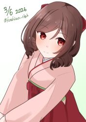  1girl bow breasts brown_hair commentary_request dated drill_hair hair_bow hakama harukaze_(kancolle) highres japanese_clothes kantai_collection kashiwa_no_udon kimono loose_hair_strand medium_breasts one-hour_drawing_challenge pink_kimono red_bow red_eyes red_hakama simple_background solo twin_drills twitter_username white_background 