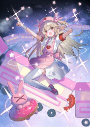  1girl apron armband bandaged_arm bandages blush blush_stickers commentary_request dress fang guest_art hair_between_eyes hair_ornament hat hayama_eishi heart index_finger_raised long_hair looking_at_viewer natori_sana natori_sana_(nurse) nurse nurse_cap open_mouth pink_apron pink_hat rabbit_hair_ornament red_armband red_eyes sana_channel shoes short_sleeves skin_fang space sparkle star_(sky) star_(symbol) stuffed_animal stuffed_rabbit stuffed_toy thigh-highs train two_side_up very_long_hair virtual_youtuber w white_dress white_thighhighs 