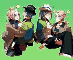  ! !! 2boys 2girls ? black_hat black_pants blonde_hair blush brown_jacket carrying closed_mouth commentary_request flying_sweatdrops harmony_(pokemon) hat hetero highres jacket long_sleeves multiple_boys multiple_girls open_clothes open_jacket outline pants paxton_(pokemon) pokemon pokemon_legends:_z-a princess_carry ribbed_shirt seirorath shirt short_hair shorts sparkle spoken_exclamation_mark spoken_question_mark sweat taunie_(pokemon) urbain_(pokemon) white_hat white_shirt 