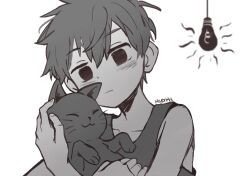  1boy :3 ahoge animal artist_name bare_arms bare_shoulders blurry blurry_background cat child closed_mouth collarbone double-parted_bangs empty_eyes expressionless fingernails from_below frown hair_behind_ear hair_between_eyes hands_up highres hiyon_(sun_hiyon) holding holding_animal holding_cat jitome light_blush light_bulb looking_at_animal looking_down male_focus mewo no_pupils omori omori_(omori) protected_link short_hair simple_background solo tank_top upper_body very_short_hair white_background 