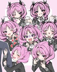  ... 1boy 1girl :< @_@ absurdres aoi_nadeshiko arm_hug black_jacket cheek_squash commentary_request dated_commentary drill_hair flying_sweatdrops four-finger_heart_hands gakuen_idolmaster gokugetsu_academy_school_uniform grin heart heart_hands heart_in_heart_hands highres holding holding_own_hair idolmaster jacket multiple_views producer_(idolmaster) school_uniform seisel simple_background smile twin_drills upper_body white_background 