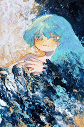  1girl angela_(project_moon) black_dress blue_hair blue_nails blush closed_mouth commentary_request dress hand_on_own_chest highres impasto library_of_ruina long_hair looking_at_viewer mochigome_138 painting_(medium) project_moon short_hair solo traditional_media upper_body very_long_hair watercolor_(medium) yellow_eyes 