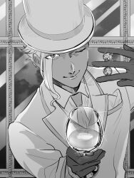  1boy alcohol asymmetrical_bangs business_suit coin commentary_request cup formal_clothes gloves hat holding holding_cup indoors leaning_forward long_bangs male_focus metarogu necktie one_eye_closed short_hair smirk suit top_hat tsukihime tsukihime_(remake) upper_body van-fem wine 