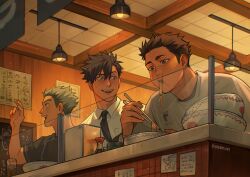  3boys black_hair black_necktie bokuto_koutarou bowl brown_eyes chopsticks collared_shirt commentary eating english_commentary etceteraart food grey_hair haikyuu!! highres holding holding_chopsticks holding_with_chopsticks indoors kuroo_tetsurou looking_at_another male_focus multicolored_hair multiple_boys necktie open_mouth pasta sawamura_daichi shirt sitting sweat translation_request twitter_username two-tone_hair white_shirt 