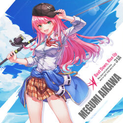  1girl :d absurdres aikawa_megumi baseball_cap beach black_hat blouse blue_jacket blue_sky blush breasts brown_skirt buttons character_name chinese_commentary clothes_around_waist clouds collared_shirt commentary_request cowboy_shot day dress_shirt drop_shadow english_text eyes_visible_through_hair fang film_grain fishing_rod floating_hair full_body green_eyes hair_between_eyes hair_down hands_up hat heaven_burns_red highres holding holding_fishing_rod jacket jacket_around_waist large_breasts lens_flare long_hair long_sleeves looking_at_viewer miniskirt neck_ribbon ocean open_mouth outdoors pink_hair plaid_clothes plaid_skirt pleated_skirt red_ribbon ribbon sail_678 school_uniform shirt skirt sky sleeves_rolled_up smile smug solo standing sunlight teeth upper_teeth_only v-shaped_eyebrows very_long_hair white_shirt 