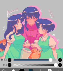  1boy 2girls art_program_in_frame blue_hair blush braid bucket character_name chinese_clothes closed_mouth commentary dress drop_shadow english_commentary fuurinkan_high_school_uniform garnel_(letsgotomato11) green_dress grey_background hetero highres holding holding_bucket holding_teapot long_hair multiple_girls ranma_1/2 saotome_ranma school_uniform short_hair teapot tendou_akane yellow_eyes 