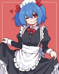  1girl absurdres apron black_dress blue_hair border bow bowtie closed_mouth clothes_lift collar colphne_(girls'_frontline_2) commentary double-parted_bangs dress dress_lift enmaided frilled_dress frills girls'_frontline_2:_exilium girls_frontline hair_between_eyes hair_bow heart highres juliet_sleeves long_sleeves looking_at_viewer maid maid_apron maid_headdress nikukabe one_eye_closed puffy_sleeves red_background red_bow red_bowtie short_hair simple_background smile solo split_mouth twintails upper_body white_apron white_border white_collar white_wrist_cuffs wrist_cuffs 