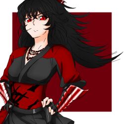  1girl bandana black_gloves black_hair black_kimono border breasts commentary fingerless_gloves gloves hand_rest highres japanese_clothes jewelry kimono long_hair medium_breasts multiple_necklaces necklace outside_border raven_branwen red_background red_bandana red_eyes red_sash rwby samurai sash skirt solo sword user_mech2434 vambraces weapon white_border 
