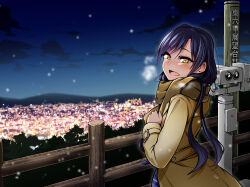  1girl blue_hair breath brown_coat brown_scarf city coat commentary_request highres idolmaster idolmaster_(classic) keigen_hichou kisaragi_chihaya long_hair long_sleeves looking_at_viewer night open_mouth outdoors railing scarf smile snowing solo tower_viewer translation_request wooden_railing yellow_eyes 