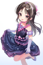  1girl arm_garter black_shirt black_skirt blush braid brown_hair commentary_request frilled_shirt_collar frills gloves gradient_clothes half_up_braid idol_clothes idolmaster idolmaster_cinderella_girls long_hair looking_at_viewer purple_gloves shirt simple_background skirt skirt_hold smile solo standing standing_on_one_leg star_(symbol) star_ornament star_print tachibana_arisu white_background zero7shi 