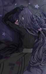  1girl absurdres anemone_(flower) arms_up asahina_mafuyu black_ribbon black_sweater braid breasts commentary corset cowboy_shot cross-laced_clothes cross-laced_corset english_commentary faceless faceless_female facing_away flower from_above grey_corset grey_skirt hair_ornament hair_ribbon hands_on_own_head heart heart_hair_ornament highres jewelry long_hair long_sleeves lying medium_breasts necklace no_eyes official_alternate_costume official_alternate_hair_length official_alternate_hairstyle on_side petals project_sekai purple_flower purple_hair purple_petals ribbed_sweater ribbon shirt skirt solo soshite_hari_wa_ugokidasu_(project_sekai) striped_clothes striped_shirt sweater turtleneck turtleneck_sweater umeo_(pixiv51103813) upper_body very_long_hair 