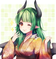  1girl ;) ;t artist_name belt black_belt black_horns black_nails black_wings blunt_bangs blunt_sidelocks blush border breasts brown_kimono closed_mouth commentary demon_girl demon_horns demon_wings english_commentary from_side green_background green_hair grid_background hair_over_shoulder hands_up horns japanese_clothes kimono long_hair long_sleeves looking_at_viewer luci_(sasucchi95) nail_polish one_eye_closed orange_eyes original outside_border pointy_ears sasucchi95 sidelocks simple_background small_breasts smile solo sparkle tareme upper_body white_border wide_sleeves wings 