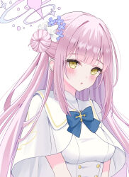  1girl :o absurdres blue_archive blue_bow blue_bowtie blunt_bangs blush bow bowtie capelet commentary dress hair_bun halo highres long_hair mika_(blue_archive) open_mouth pink_hair pink_halo simple_background single_side_bun solo suineco upper_body white_background white_capelet white_dress yellow_eyes 