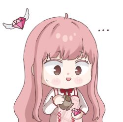  ... 1girl bloom_poetry_(shining_nikki) blush_stickers bow bowtie brown_eyes chibi commentary cross-laced_clothes cross-laced_dress diamond_(gemstone) dress dress_ribbon english_commentary gem highres holding holding_gem holding_sack long_hair long_sidelocks long_sleeves looking_at_object nervous_smile nikki_(nikki) nikki_(series) nonoberry22 open_mouth pinafore_dress pink_dress pink_gem pink_hair plaid_clothes plaid_dress poverty red_bow red_bowtie red_ribbon ribbon sack shining_nikki shirt sidelocks simple_background sleeveless sleeveless_dress smile solo surprised sweatdrop upper_body very_long_hair wavy_hair white_background white_shirt wide-eyed 