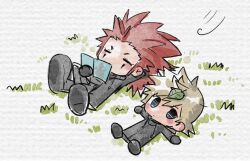  2boys arm_behind_head axel_(kingdom_hearts) black_cat black_coat_(kingdom_hearts) black_gloves black_shoes blonde_hair blue_eyes blush cat closed_eyes coat commentary facial_mark gloves grass holding island4529 kingdom_hearts leaf leaf_on_head long_sleeves male_focus multiple_boys outdoors outstretched_arms reading roxas shoes untranslatable_commentary wind 