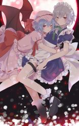  2girls apron back_bow bat_wings black_shoes blue_dress blue_hair bow braid closed_mouth commentary dress full_moon green_bow grey_hair hair_bow hashtag-only_commentary hat hat_ribbon highres holding holding_knife hug izayoi_sakuya knife long_hair looking_at_viewer loveyuzu maid maid_headdress medium_hair mob_cap moon multiple_girls pink_hat pink_shirt pink_skirt puffy_short_sleeves puffy_sleeves red_bow red_eyes red_moon remilia_scarlet ribbon ribbon-trimmed_skirt ribbon_trim shirt shoes short_sleeves skirt socks thigh_strap touhou twin_braids waist_apron weapon_in_garters white_bow white_socks wings wrist_cuffs 