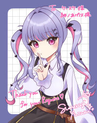  1girl absurdres artist_name bat_wings commission cross_hair_ornament finger_to_mouth grid hair_ornament heart highres hino_ageha indie_virtual_youtuber light_blush long_hair looking_at_viewer pink_eyes shushing signature skeb_commission solo sumeragi_yuzuru_(artist) translation_request twintails virtual_youtuber wings 