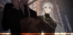  1boy 1girl absurdres angelica_(project_moon) bag black_jacket black_necktie black_suit black_sweater blue_hair collared_shirt commentary_request grocery_bag highres husband_and_wife jacket jewelry lapels library_of_ruina lobotomy_corporation long_hair necklace necktie notched_lapels project_moon ring ring_necklace roland_(project_moon) shirt shopping_bag silver_trim suit suit_jacket sweater turtleneck turtleneck_sweater white_hair white_shirt zhang2011han 