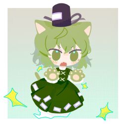  1girl animal_ears animal_hands ben-day_dots blue_background blush cat_ears cat_girl cat_paws commentary cross-laced_clothes cross-laced_dress dress facing_ahead fang full_body ghost_tail gradient_background green_background green_dress green_eyes green_hair hands_up hat highres kemonomimi_mode medium_hair no_lineart ofuda ofuda_on_clothes open_mouth outside_border ria_bnb screentones soga_no_tojiko solo tate_eboshi touhou two-tone_background untranslatable_commentary v-shaped_eyebrows 