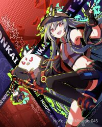  1girl :d absurdres baseball_cap black_gloves black_hair black_jacket black_shirt black_shorts black_thighhighs breasts casual company_name copyright_name english_commentary fingerless_gloves gloves hat herrscher_of_sentience highres holding holding_sword holding_weapon honkai_(series) honkai_impact_3rd jacket long_hair looking_at_viewer mhunter_45 open_mouth pince-nez red_eyes reverse_grip shirt shorts single_thighhigh small_breasts smile solo sword thigh-highs very_long_hair w weapon 