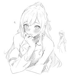  2girls absurdres bang_dream! bang_dream!_girls_band_party! blush closed_mouth commentary_request greyscale half_updo heart highres hikawa_sayo imai_lisa kanade_(kanade_3344) long_hair looking_at_viewer monochrome multiple_girls off_shoulder shirt simple_background sleeveless sleeveless_shirt sweatdrop white_background 