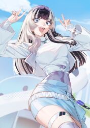  1girl :d absurdres black_hair blue_eyes blue_skirt bracelet clouds cloudy_sky commentary covered_navel cowboy_shot double_v hair_ornament halftone highres hololive hololive_dev_is jacket jewelry juufuutei_raden multicolored_hair murechika necklace ring sharp_teeth skirt sky smile solo streaked_hair sweater teeth thigh_strap v white_hair white_jacket white_sweater 