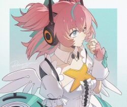  1girl aqua_hair aqua_streaks aria_(zenless_zone_zero) blue_background blue_eyes breasts center_frills closed_mouth collarbone commentary_request crossed_bangs detached_collar dress english_commentary fingerless_gloves frilled_sleeves frills gloves hair_between_eyes hand_up highres mixed-language_commentary multicolored_hair pink_gloves pink_hair quad_tails small_breasts solo star-shaped_pupils star_(symbol) streaked_hair symbol-shaped_pupils upper_body white_dress white_wings wings wu_bai_(cpsv2355) zenless_zone_zero 