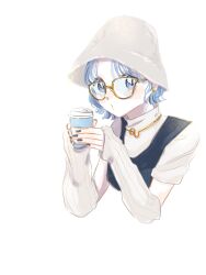  1girl arm_warmers black_nails blue_eyes blue_hair character_request check_character cocoa_681 commentary_request contemporary cup disposable_coffee_cup disposable_cup earrings gold_earrings hat highres holding holding_cup jewelry pale_skin ranma_1/2 solo tendou_akane upper_body white_arm_warmers white_background white_hat yellow-framed_eyewear 