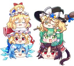  6+girls :3 alice_margatroid blonde_hair blue_bow blue_eyes blue_hair blush bow braid broom brown_hair cirno closed_eyes commentary_request detached_wings drooling flandre_scarlet frilled_bow frilled_hair_tubes frills frog_hair_ornament hair_bow hair_ornament hair_tubes hakurei_reimu hat hat_bow hat_ornament hat_ribbon ice ice_wings kirisame_marisa kochiya_sanae laevatein_(touhou) mob_cap mouth_drool multiple_girls one_eye_closed open_mouth red_bow red_eyes red_ribbon ribbon shanghai_doll side_braid simple_background single_braid single_hair_tube sleeping smile snake_hair_ornament star_(symbol) star_hat_ornament tamine touhou touhou_lostword white_background white_bow white_hat wings witch_hat yellow_eyes 