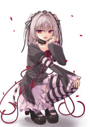  1girl :d black_choker black_dress black_hairband black_ribbon black_shoes blush choker collarbone commentary_request dress dress_flower dress_ribbon falling_petals fang flower flying_sweatdrops frilled_choker frilled_dress frilled_sleeves frilled_thighhighs frills full_body gothic_lolita grey_hair hair_intakes hair_ribbon hairband hand_on_own_knee hand_up hapymaher highres juliet_sleeves lolita_fashion long_ribbon long_sleeves looking_at_viewer medium_hair naitou_maia open_mouth petals puffy_sleeves red_eyes red_flower red_ribbon red_rose ribbon rose rose_petals ru_kozue shoes short_dress simple_background slit_pupils smile solo squatting straight_hair striped_clothes striped_thighhighs thigh-highs two_side_up white_background wide_sleeves 