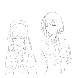  2girls absurdres amoris_(bang_dream!) ascot bang_dream! bang_dream!_it's_mygo!!!!! beret brooch capelet commentary_request crossed_arms greyscale hat highres jewelry kanade_(kanade_3344) long_hair monochrome mortis_(bang_dream!) mortis_(costume)_(bang_dream!) multiple_girls one_eye_closed short_hair simple_background sketch upper_body wakaba_mutsumi white_background yuutenji_nyamu 