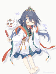  1girl absurdres alternate_costume animalization black_hair cat chinese_clothes closed_eyes commentary_request eating food full_body hair_ornament heart highres holding holding_food honkai:_star_rail honkai_(series) long_hair low_twintails person_and_animalization simple_background solo tanghulu twintails twitter_username uwasewau very_long_hair wide_sleeves yunli_(honkai:_star_rail) 