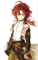  1boy ahoge aqua_gem armor bare_shoulders belt black_belt black_choker black_hair black_ribbon choker clenched_hands closed_mouth clothes_around_waist clothing_cutout commentary cowboy_shot diamond_cutout floating_clothes floating_hair frana20103 gem genshin_impact green_eyes hair_between_eyes hair_ribbon huge_ahoge japanese_armor kote kurokote long_hair looking_at_viewer low_ponytail male_focus mandarin_collar mole mole_under_each_eye mole_under_eye multicolored_hair multiple_moles pants ponytail red_hair ribbon shikanoin_heizou shirt sidelocks simple_background sleeveless sleeveless_shirt smile solo standing streaked_hair vision_(genshin_impact) white_background white_shirt yellow_pants 