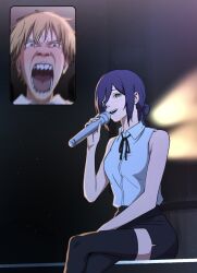  1boy 1girl black_shorts black_thighhighs blonde_hair blue_hair blurry blush breasts chainsaw_man commentary_request crossed_legs denji_(chainsaw_man) fan_screaming_at_madison_beer_(meme) green_eyes highres holding holding_microphone korean_commentary medium_breasts meme microphone open_mouth reze_(chainsaw_man) sawgak shirt short_shorts shorts sleeveless sleeveless_shirt smile thigh-highs 