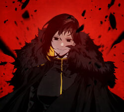  1girl binah_(project_moon) black_coat black_dress black_eyes black_hair blonde_hair breasts coat colored_inner_hair commentary_request dress fur-trimmed_coat fur_trim gold_trim highres large_breasts lobotomy_corporation mole mole_under_eye multicolored_hair official_alternate_costume project_moon red_background smile solo two-tone_hair zhang2011han 