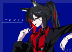  1girl absurdres animal_ear_fluff animal_ear_piercing animal_ears arknights black_hair black_jacket black_necktie blue_background character_name collared_shirt colored_inner_hair commentary food hair_between_eyes highres holding holding_food holding_pocky jacket long_sleeves medium_hair multicolored_hair necktie official_alternate_costume orange_eyes parted_lips pocky qlee_(xxvp2877) red_hair red_shirt shirt signature simple_background solo texas_(arknights) texas_(willpower)_(arknights) upper_body watch watch wolf_ears wolf_girl 