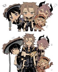  1girl 3boys ahoge albedo_(genshin_impact) arm_up belt beret black_belt black_boots black_gloves black_hair black_hakama black_hood black_shirt black_shorts black_tank_top blue_cape blue_eyes blue_gem blue_hat blue_shirt blunt_ends blush boots brown_boots brown_gloves brown_hair cape chibi chibi_inset child closed_mouth clover clover_print commentary cowboy_shot crossed_bangs dragon_boy dragon_horns dress durin_(genshin_impact) empty_eyes flying_sweatdrops four-leaf_clover full_body fur_collar gem genshin_impact gloves hakama hakama_shorts half-closed_eyes han'eri hand_on_own_face hand_up hat hat_feather hat_ornament highres hood hoodie horns jacket japanese_clothes jewelry jingasa klee_(genshin_impact) leg_warmers lightning_bolt_symbol long_hair long_sleeves looking_at_another looking_at_viewer looking_down low_twintails mandarin_collar multiple_boys multiple_views open_clothes open_hoodie open_jacket open_mouth open_shirt pants parted_bangs peaked_cap pendant pink_eyes pocket pointy_ears pom_pom_(clothes) puffy_long_sleeves puffy_sleeves purple_hair purple_pants purple_vest red_dress red_eyes red_hat scaramouche_(genshin_impact) shirt short_hair short_sleeves shorts sidelocks simple_background smile standing tank_top teeth tongue tongue_out twintails two-tone_dress u7img untranslatable_commentary upper_body v-shaped_eyebrows vest violet_eyes vision_(genshin_impact) wanderer_(genshin_impact) waving_arms white_background white_dress white_hoodie white_jacket white_leg_warmers white_shirt yellow_gem 