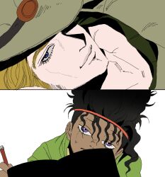  2boys black_hair blonde_hair blue_eyes boingo close-up cowboy_hat dark-skinned_male dark_skin hat highres hol_horse jojo_no_kimyou_na_bouken male_focus multiple_boys sos911p stand_(jojo) stardust_crusaders thoth_(stand) violet_eyes visor_cap 